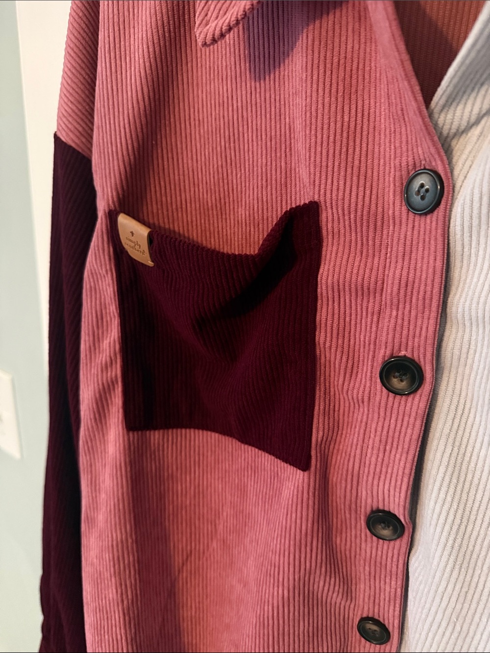 Colorblock Corduroy Button-Up Shirt in Rose, Burgundy & Light Gray - Picture 2 of 5